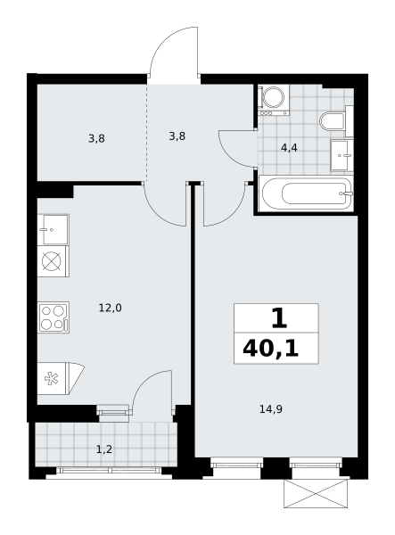 Планировка 1-комнатная квартира в ЖК "Прокшино"