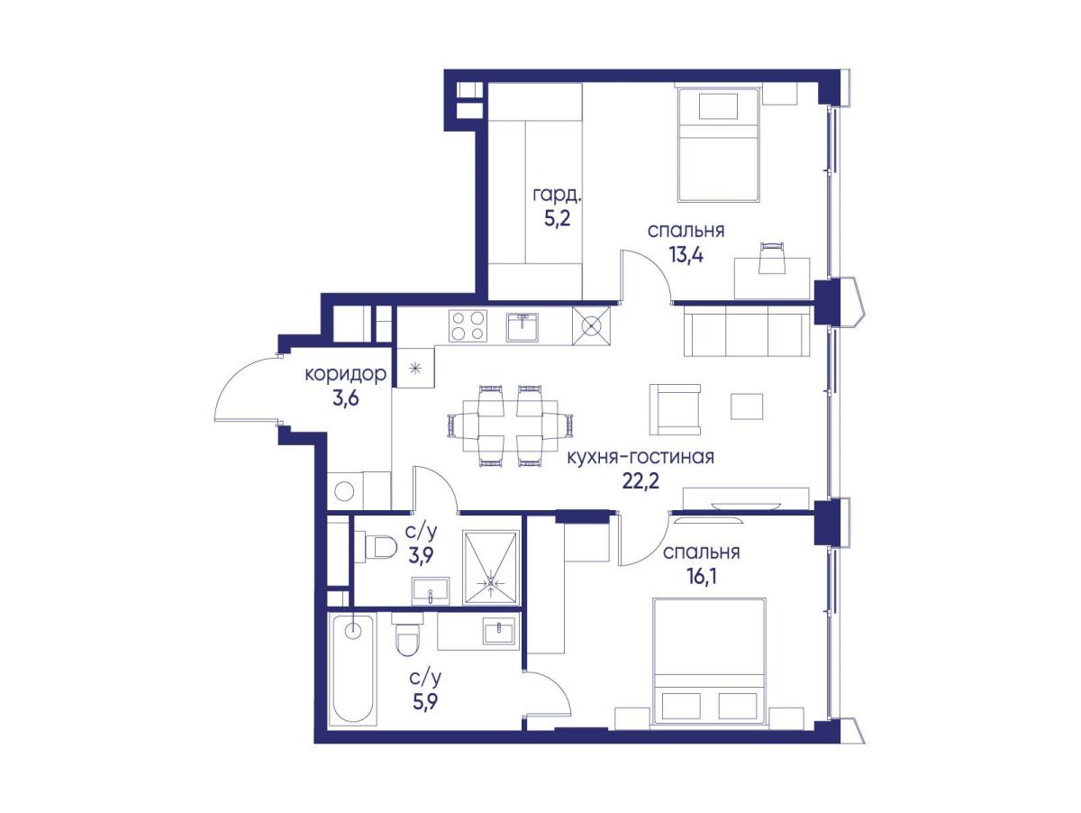 Планировка 2-комнатная квартира в ЖК "Остров"