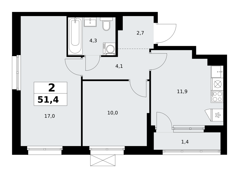 Планировка 2-комнатная квартира в ЖК "Прокшино"