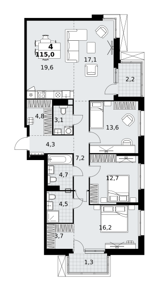 Планировка 4-комнатная квартира в ЖК "Дзен-кварталы"