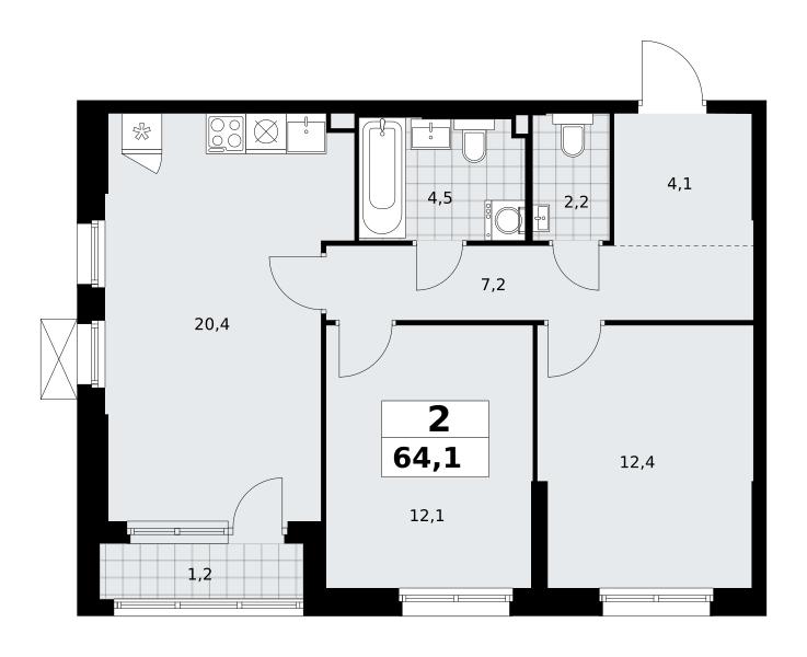 Планировка 2-комнатная квартира в ЖК "Прокшино"