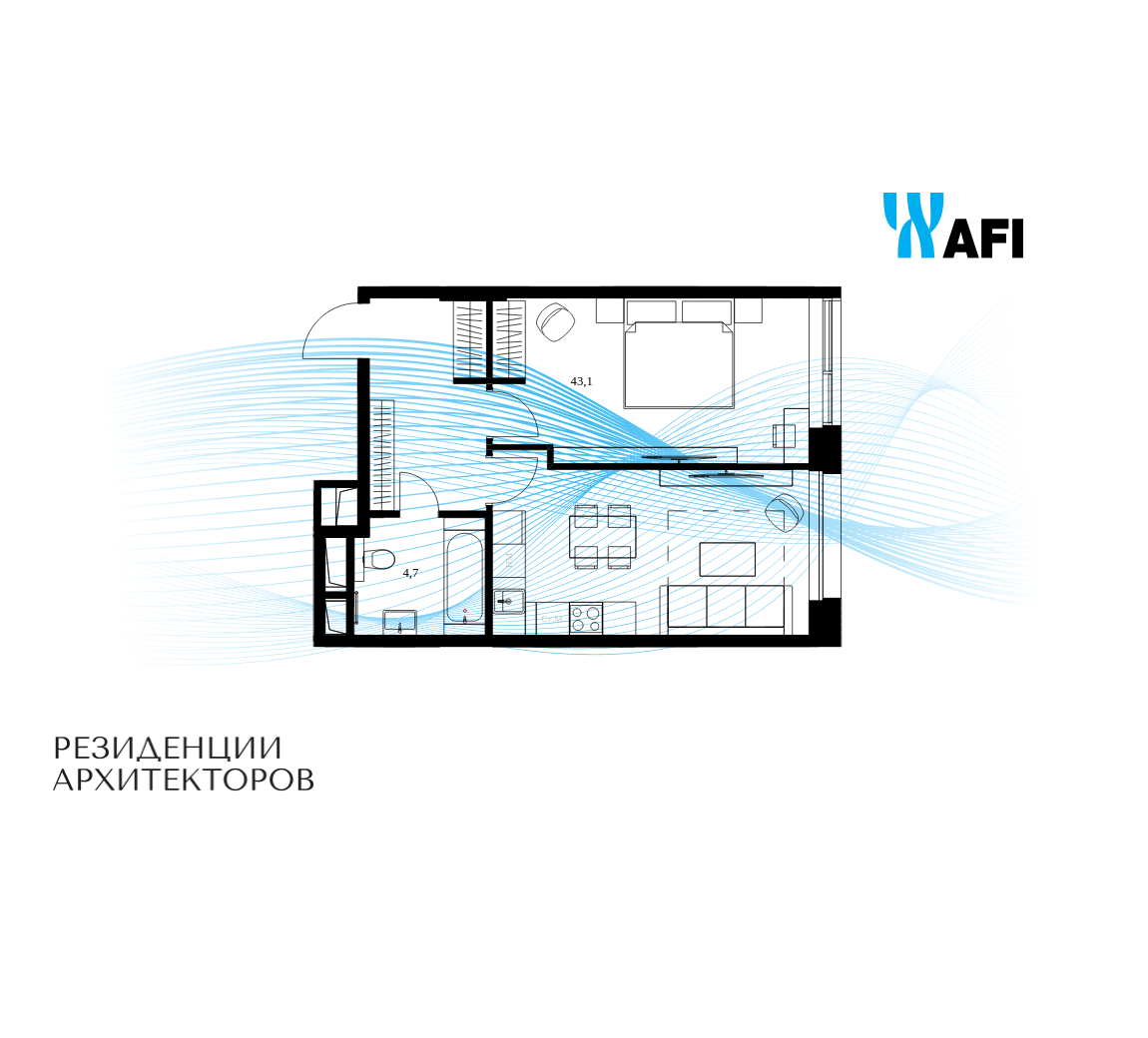 Планировка 1-комнатная квартира в ЖК "Резиденции Архитекторов"