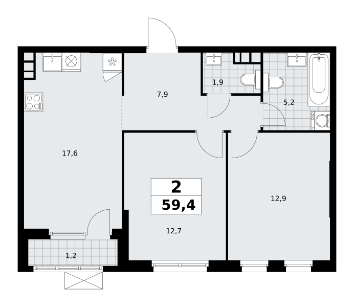 Планировка 2-комнатная квартира в ЖК "Южные Сады"