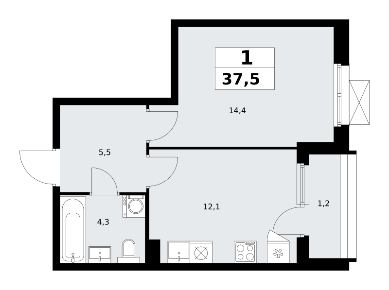 Планировка 1-комнатная квартира в ЖК "Прокшино"