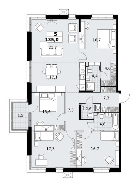 Планировка 5-комнатная квартира в ЖК "Дзен-кварталы"