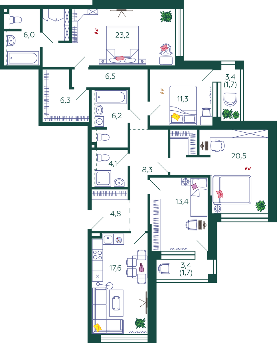 Планировка 4-комнатная квартира в ЖК Shagal (Шагал)