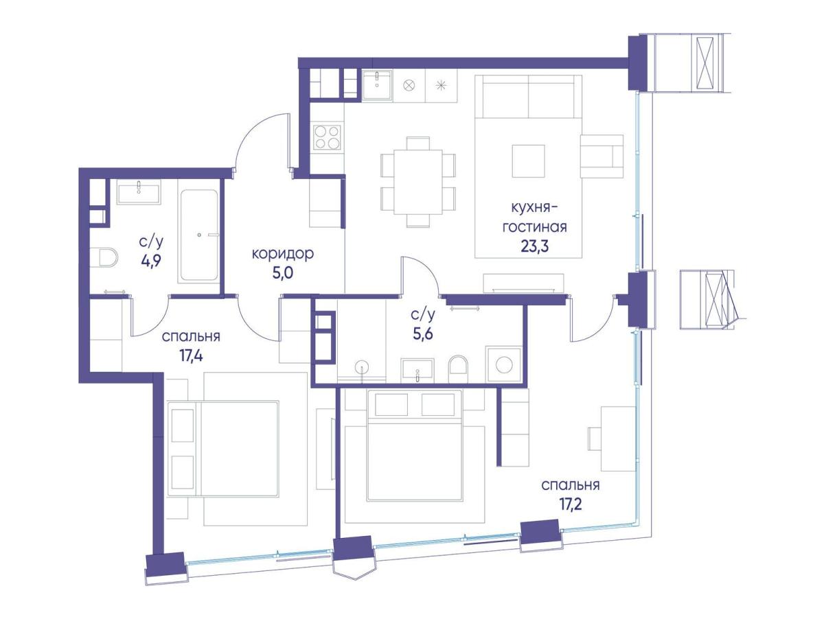 Планировка 2-комнатная квартира в ЖК "Остров"