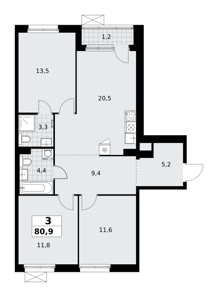 Планировка 3-комнатная квартира в ЖК "Прокшино"