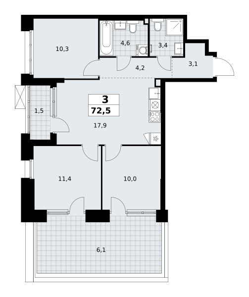 Планировка 3-комнатная квартира в ЖК "Прокшино"