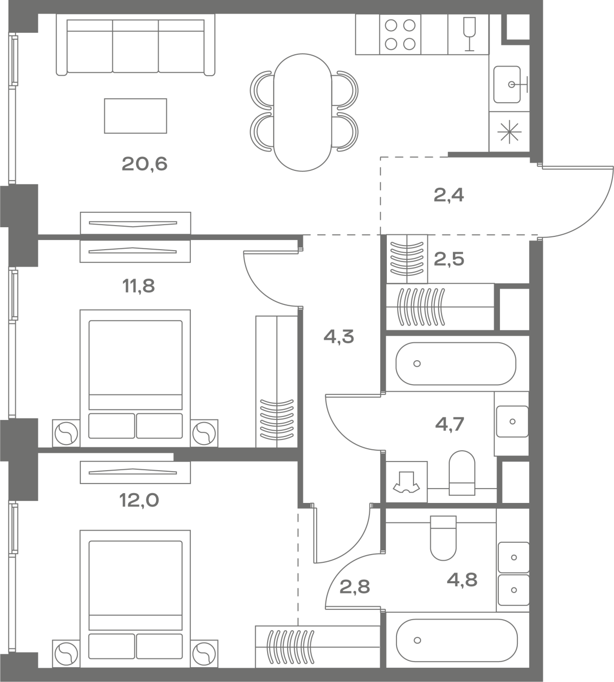 Планировка 2-комнатная квартира в ЖК Soul (Соул)