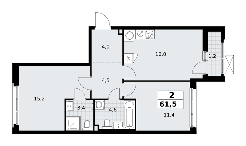 Планировка 2-комнатная квартира в ЖК "Прокшино"