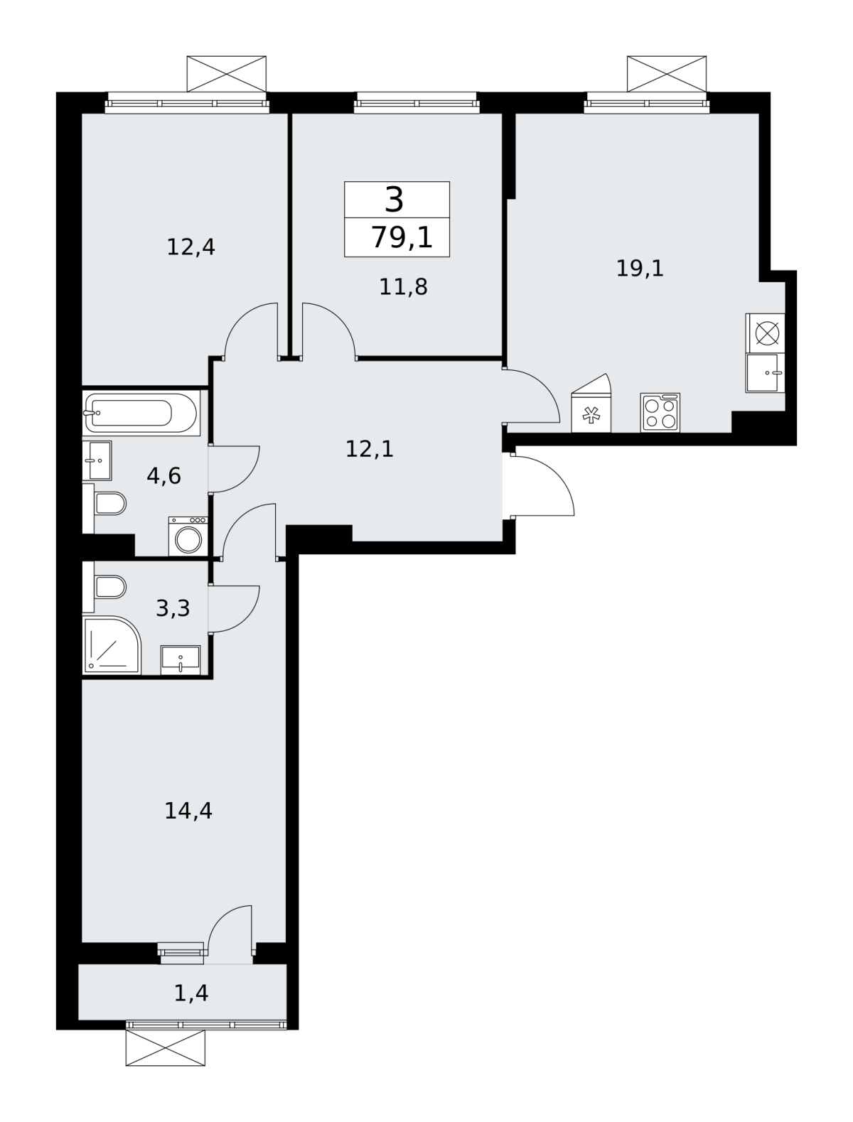 Планировка 3-комнатная квартира в ЖК "Бунинские Кварталы"