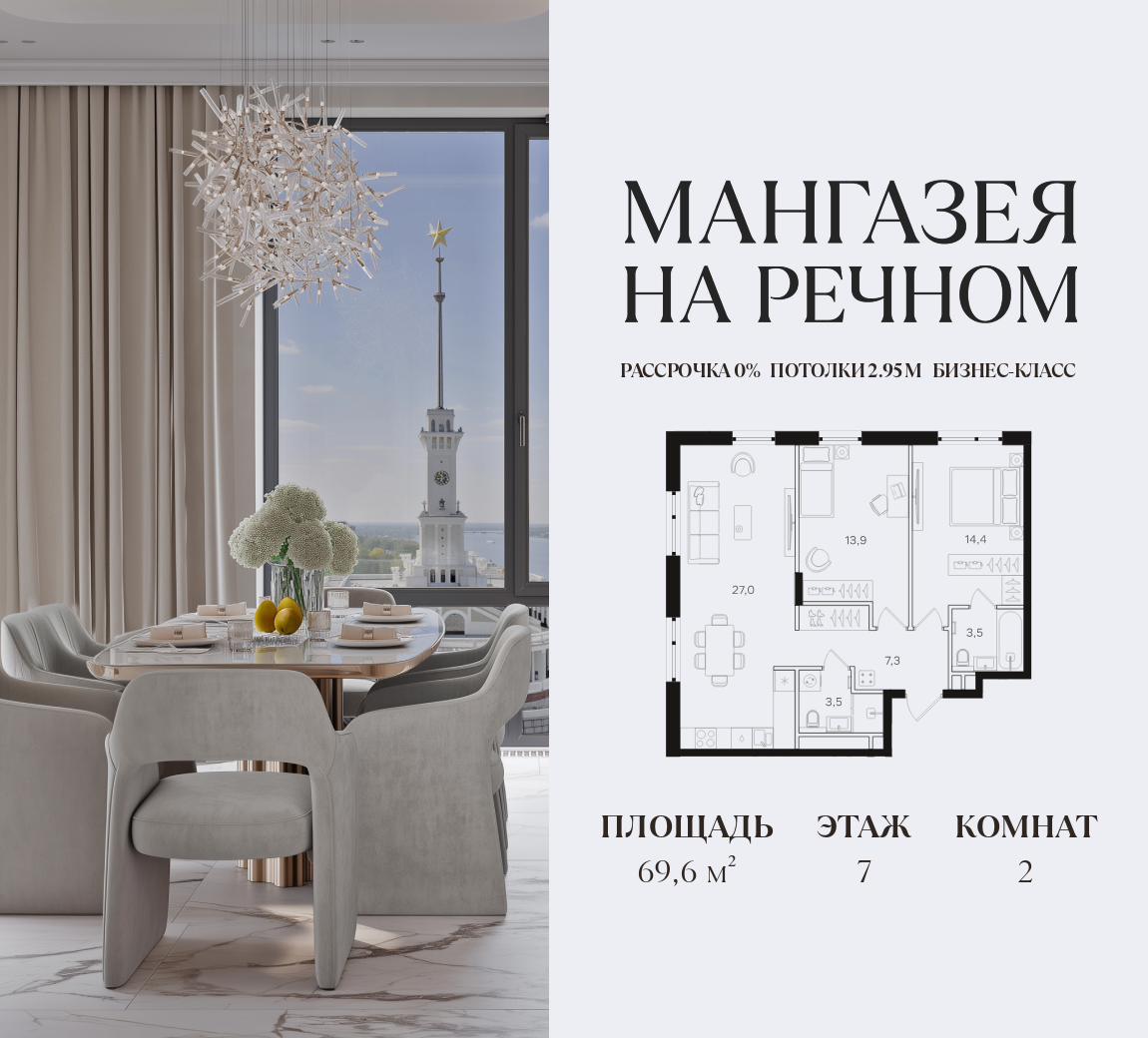 Планировка 2-комнатная квартира в ЖК "Мангазея на Речном"