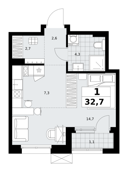 Планировка 1-комнатная квартира в ЖК "Дзен-кварталы"