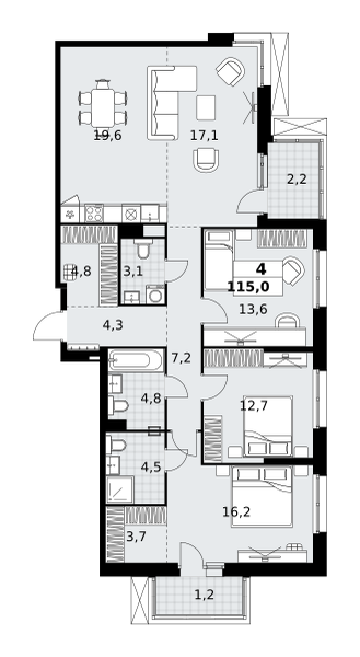 Планировка 4-комнатная квартира в ЖК "Дзен-кварталы"