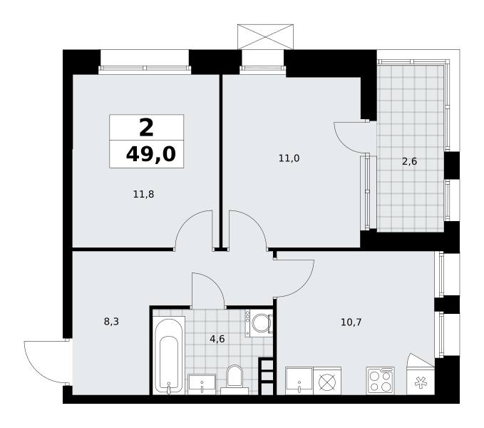 Планировка 2-комнатная квартира в ЖК "Бунинские Кварталы"
