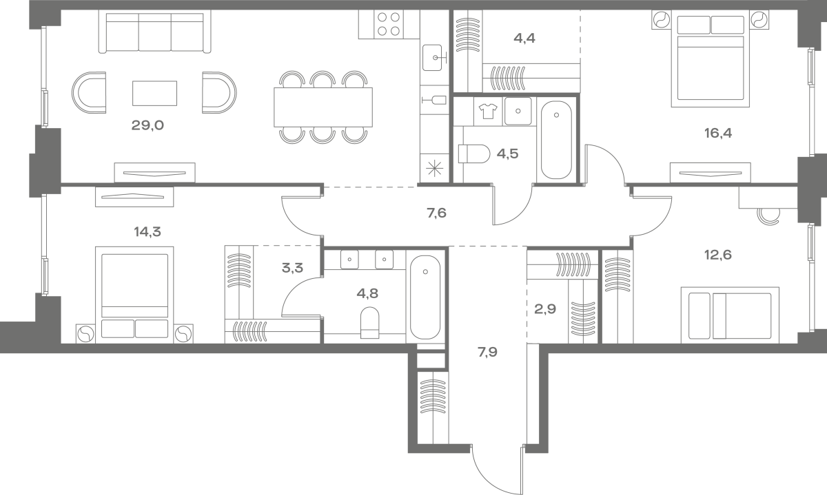 Планировка 3-комнатная квартира в ЖК Soul (Соул)