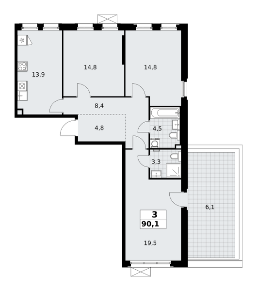 Планировка 3-комнатная квартира в ЖК "Прокшино"