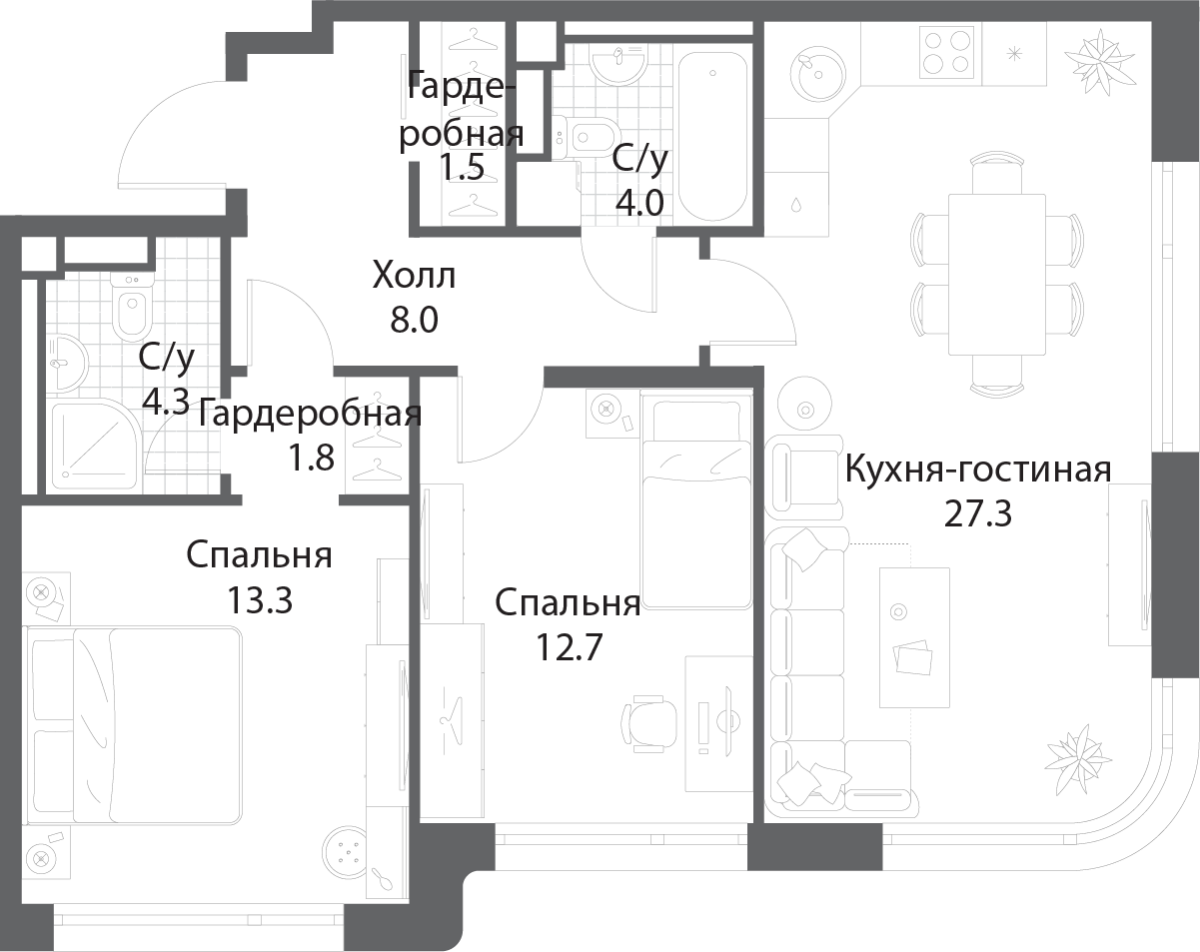 Планировка 2-комнатная квартира в ЖК Nagatino i-Land (Нагатино ай-лэнд)