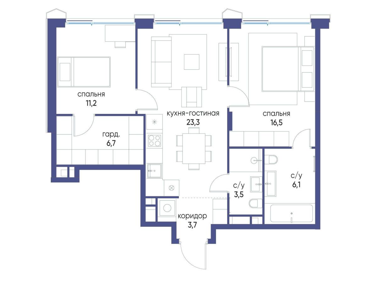 Планировка 2-комнатная квартира в ЖК "Остров"
