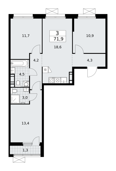 Планировка 3-комнатная квартира в Жилой район "Скандинавия"