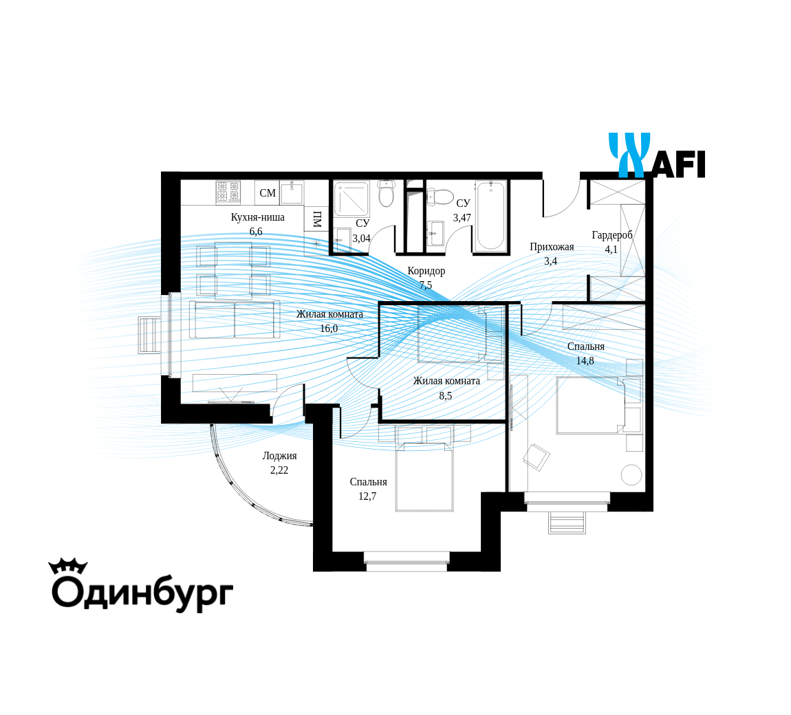 Планировка 3-комнатная квартира в ЖК "Одинбург"