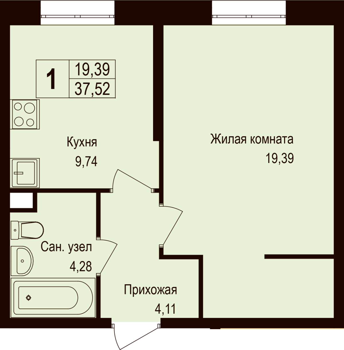 Планировка 1-комнатная квартира в ЖК "Новая Щербинка"