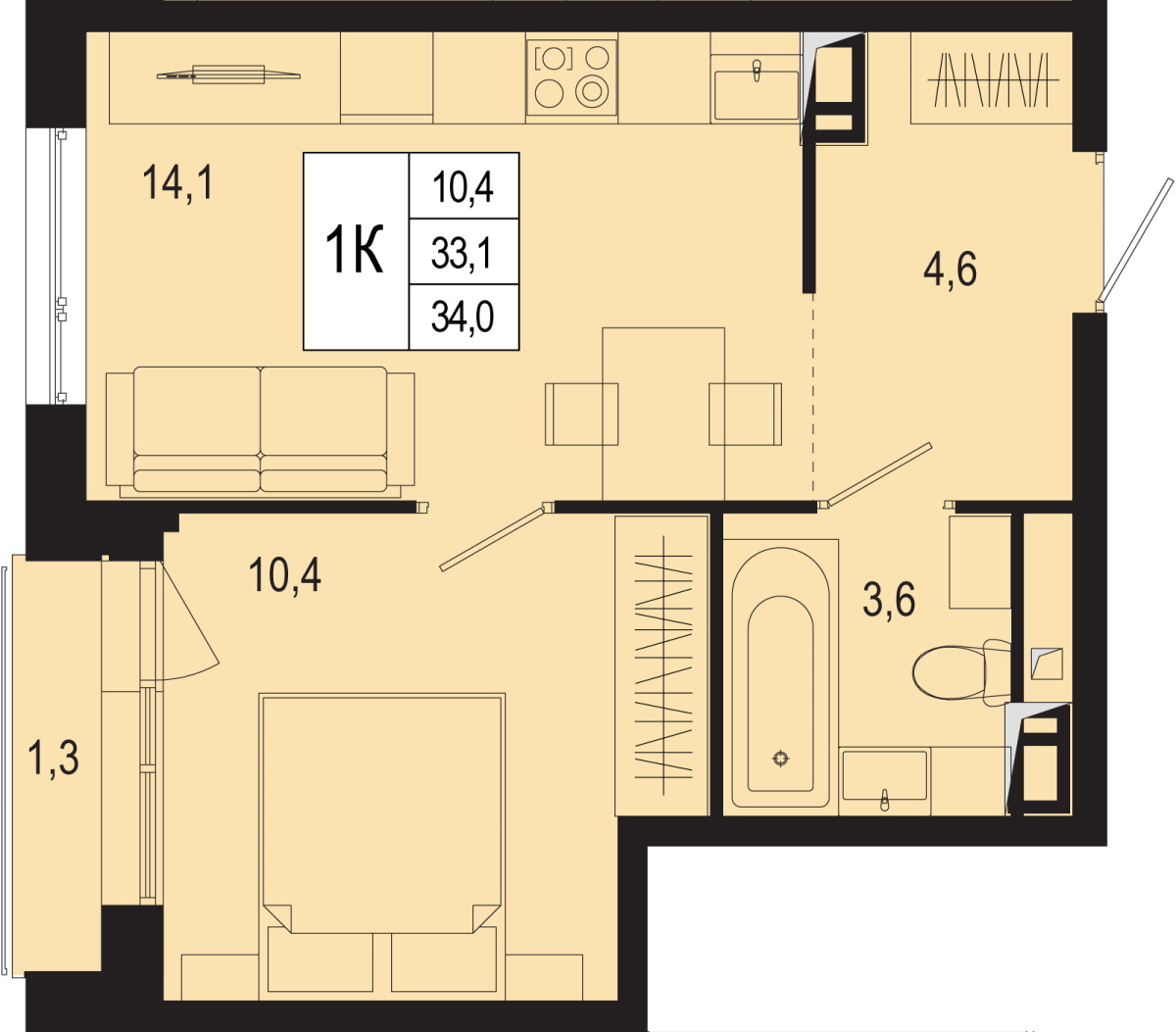 Планировка 1-комнатная квартира в ЖК "Новая Щербинка"