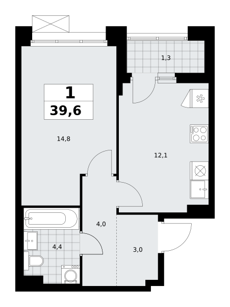 Планировка 1-комнатная квартира в ЖК "Прокшино"