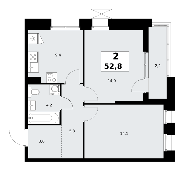 Планировка 2-комнатная квартира в ЖК "Прокшино"