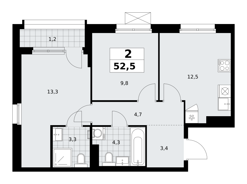 Планировка 2-комнатная квартира в ЖК "Прокшино"