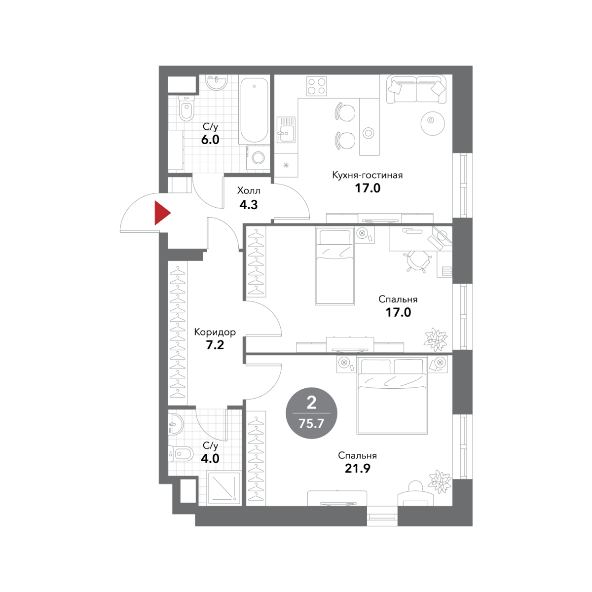 Планировка 2-комнатная квартира в ЖК Voxhall (Воксхолл)
