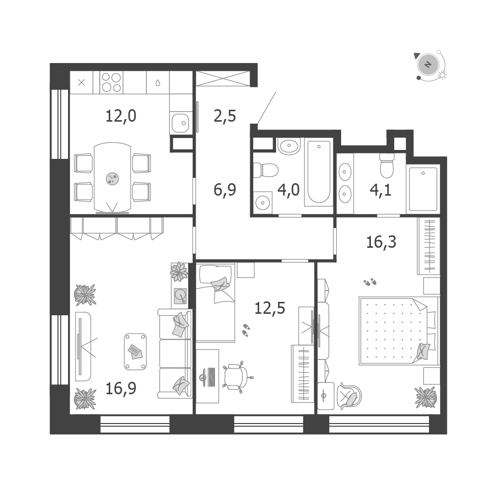 Планировка 3-комнатная квартира в ЖК Shagal (Шагал)