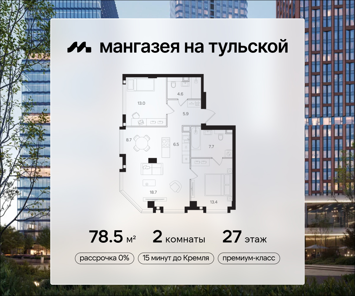 Планировка 2-комнатная квартира в ЖК "Мангазея на Тульской"
