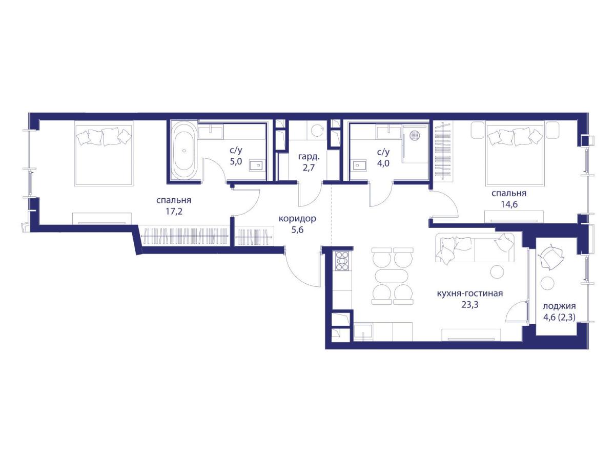 Планировка 2-комнатная квартира в ЖК "Событие"