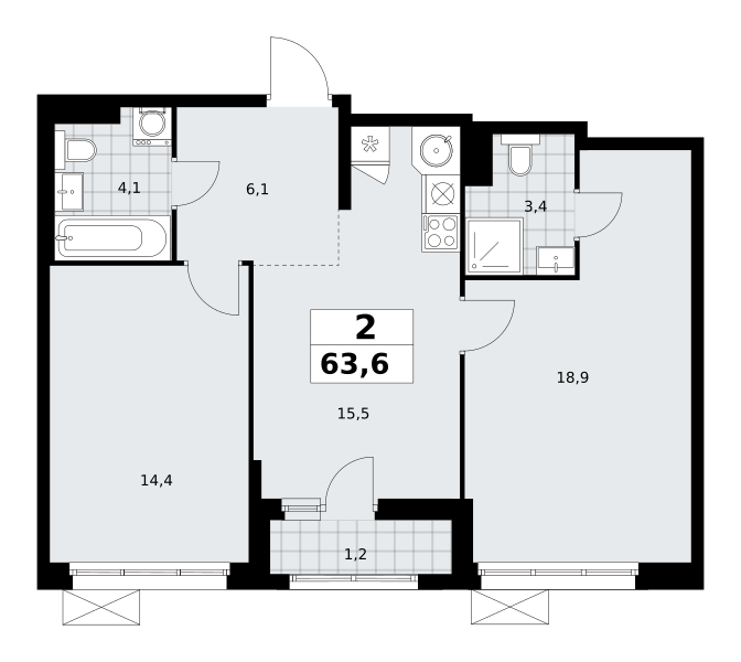 Планировка 2-комнатная квартира в ЖК "Прокшино"