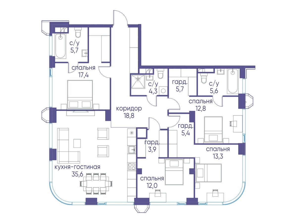 Планировка 4-комнатная квартира в ЖК "Остров"