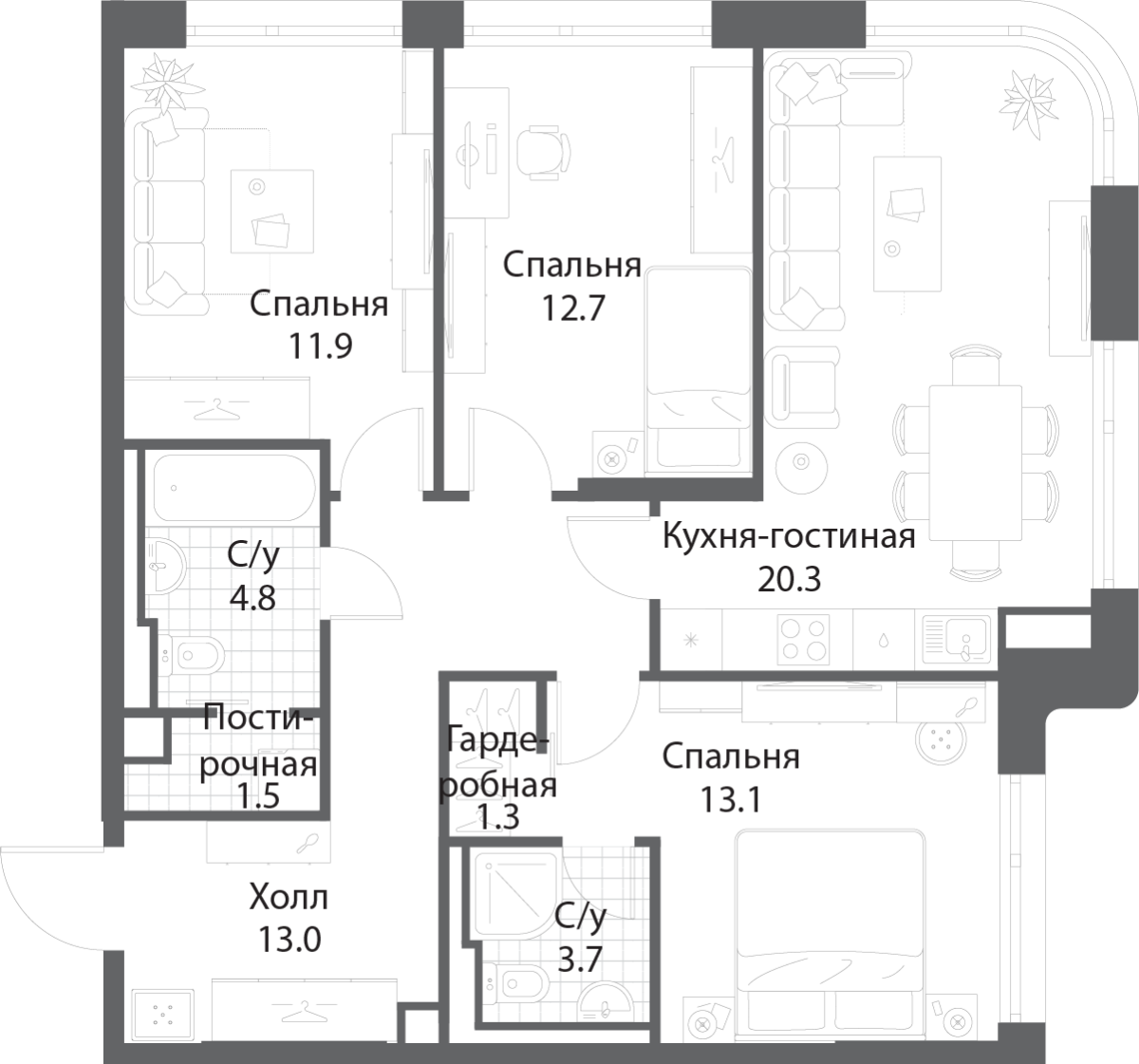 Планировка 3-комнатная квартира в ЖК Nagatino i-Land (Нагатино ай-лэнд)