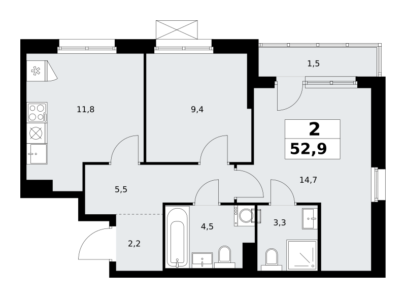Планировка 2-комнатная квартира в ЖК "Прокшино"