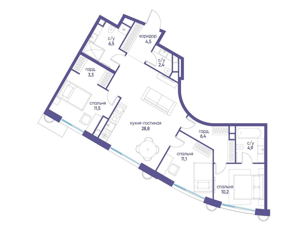 Планировка 3-комнатная квартира в ЖК "Остров"