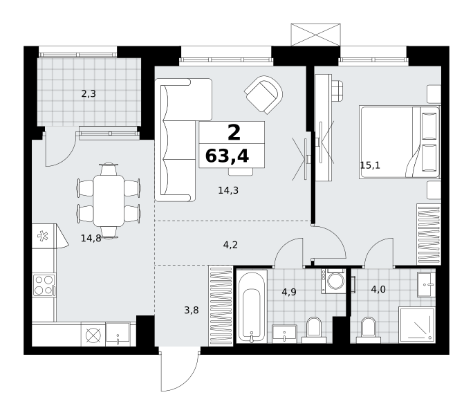 Планировка 2-комнатная квартира в ЖК "Дзен-кварталы"