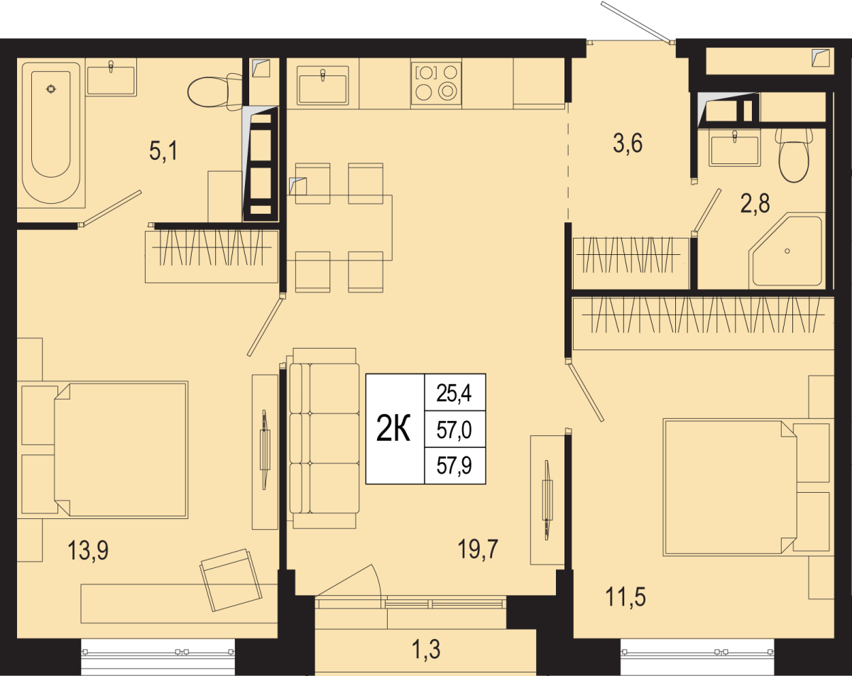 Планировка 2-комнатная квартира в ЖК "Новая Щербинка"