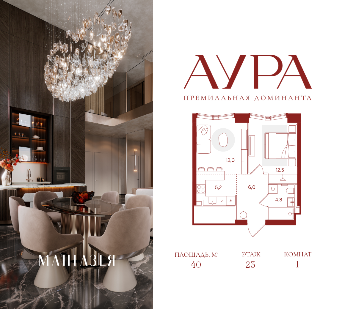 Планировка 1-комнатная квартира в ЖК "АУРА" (Мангазея на Тульской)