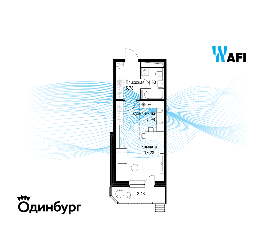 Планировка Студийная планировка в ЖК "Одинбург"