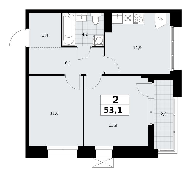 Планировка 2-комнатная квартира в ЖК "Прокшино"