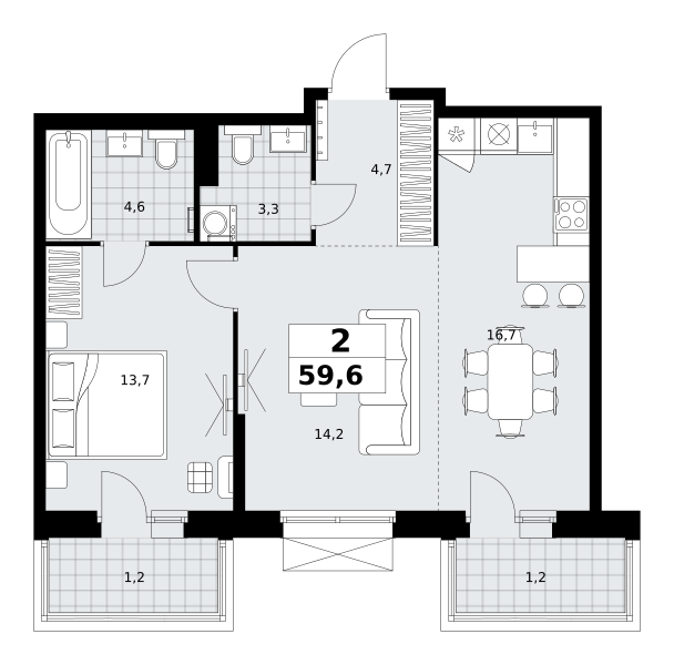 Планировка 2-комнатная квартира в ЖК "Дзен-кварталы"