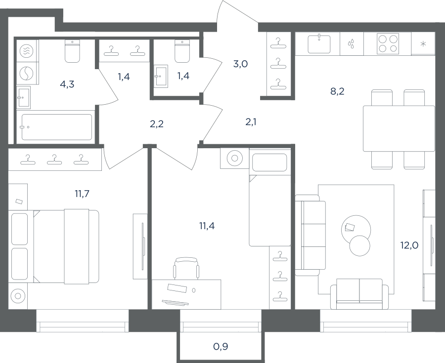 Планировка 3-комнатная квартира в ЖК "Равновесие"