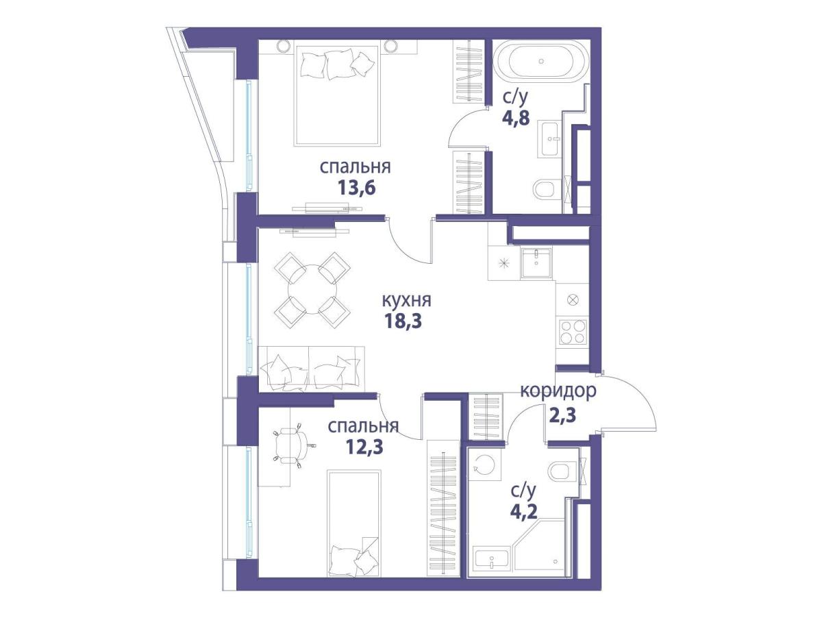 Планировка 2-комнатная квартира в ЖК "Символ"