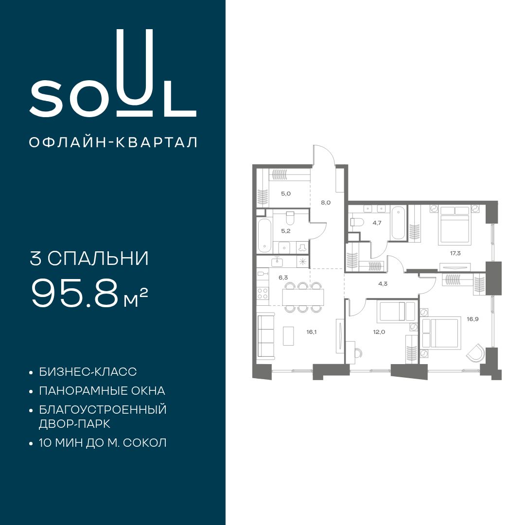 Планировка 3-комнатная квартира в ЖК Soul (Соул)