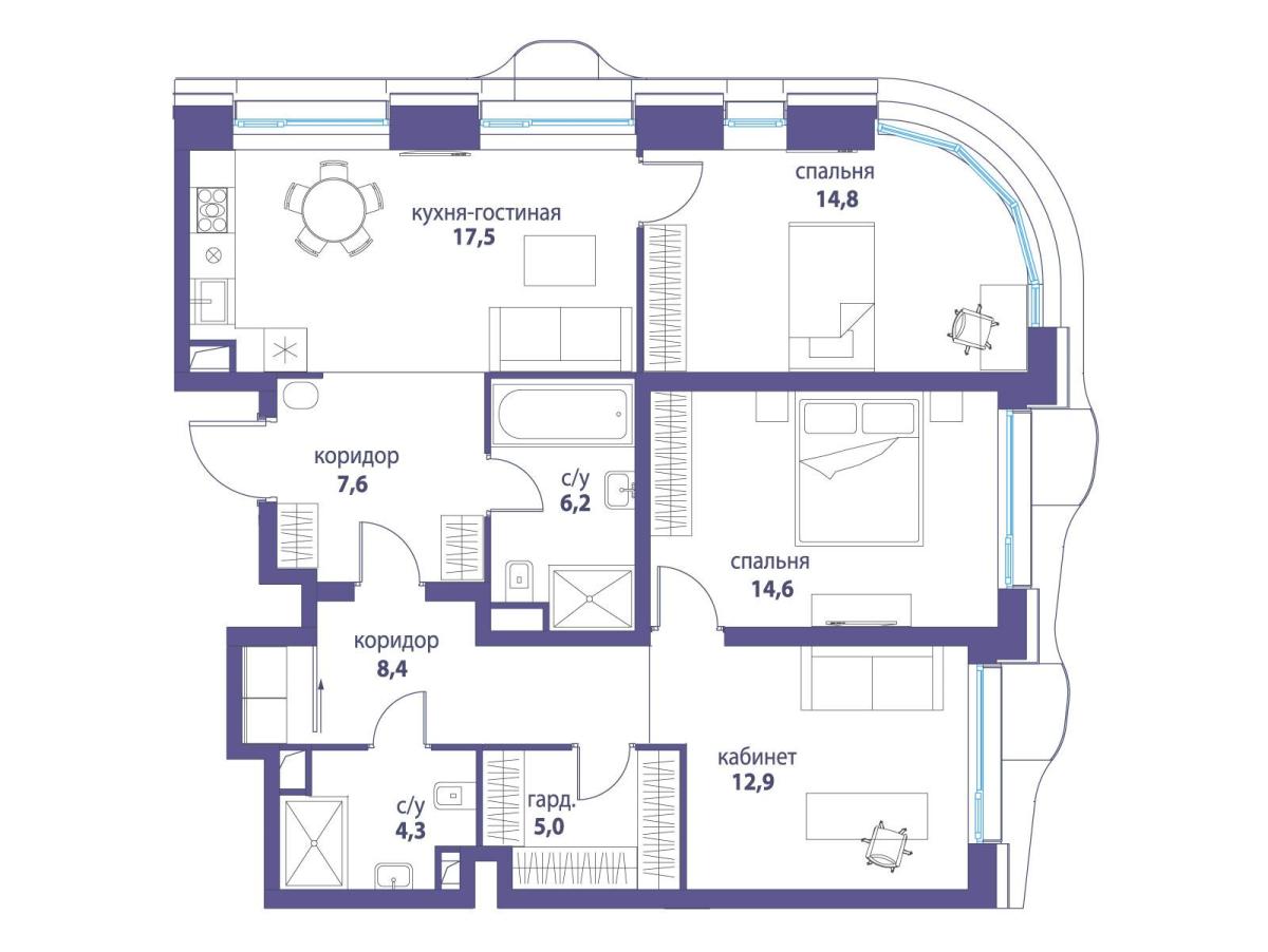 Планировка 3-комнатная квартира в ЖК "Символ"